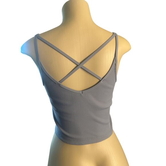 Women M Vuori VW189 Blue Rib Crop Tank Top Built-In Bra Stretch Knit Sports - Picture 4 of 7
